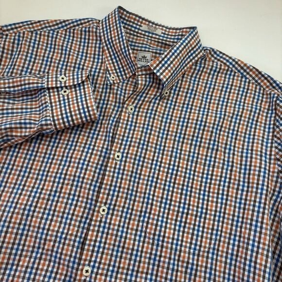 Peter Millar Men's Xl Orange Blue Ginghan Check Long Sleeve Button Down Shirt - Picture 2 of 6